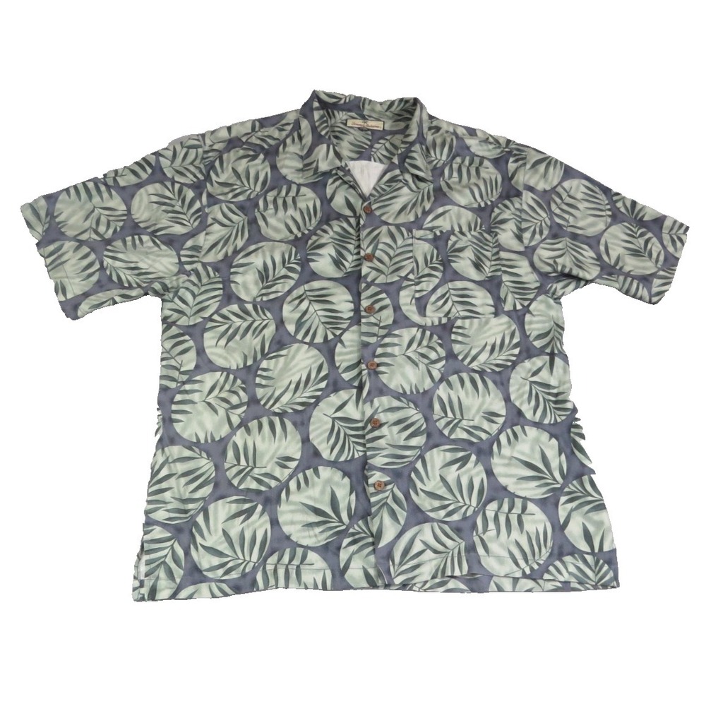 Tommy Bahama 100% Silk Camp Shirt XXL Green Gray Leaf Hawaiian Button Up EUC